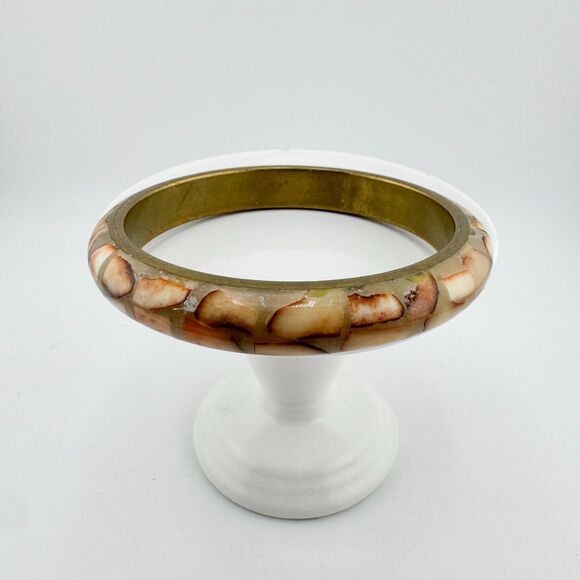 Vintage 1970s Mosaic Shell Inlay Bangle Brass Bracelet Boho Natural Earth Tone - Picture 8 of 10